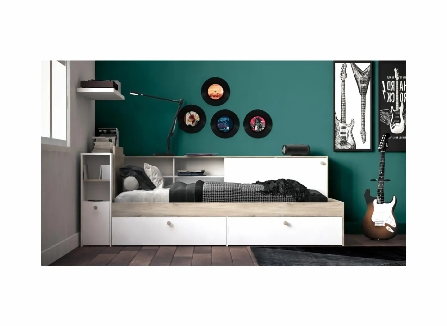 Bed Life 90x190/200cm - decor - kronberg eik & wit met opbergruimte