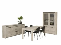 Eetkamer Elias met 4 stoelen Chuck - tafel 170x90cm - dressoir 201cm - vitrinekast 115cm