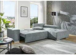 Hoeksalon Luciano 282x204cm - stof - middengrijs met bedfunctie & opbergruimte