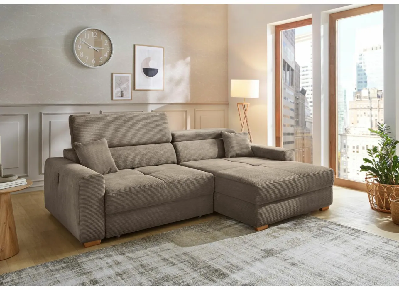 Hoeksalon Slider 279x186cm - ribcord stof - bruin met bedfunctie