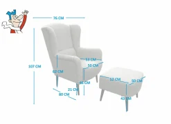 Oorfauteuil en poef Canto 76x80x107cm - stof - natuur