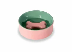 Voerbak Ø12cm - stoneware - roze & groen